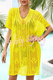 Knitted Hollow V Neck Tie Slit Cover Up