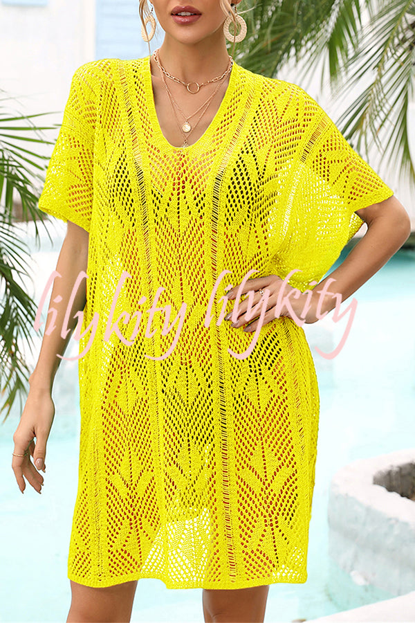 Knitted Hollow V Neck Tie Slit Cover Up