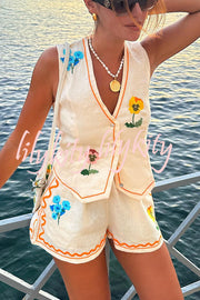 Summer Flower Printed Linen Blend Button Vest and Elastic Waist Pocketed Shorts Set