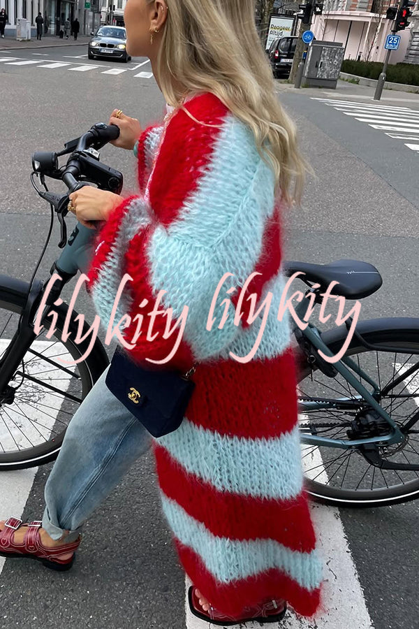 Fashionable Contrast Stripes Lazy Style Loose Long Knitted Cardigan