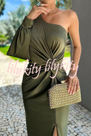 Country Party Charm Satin One Shoulder Twist Detail Slit Maxi Dress