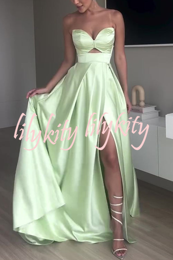 Chic Queen Satin Hollow Strapless Slim High Slit Party Maxi Dress