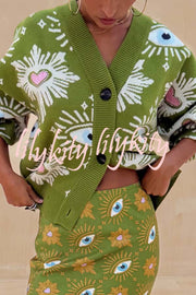 Mysterious Magic Knit Eye Heart Pattern Button Up Long Sleeve Loose Cardigan