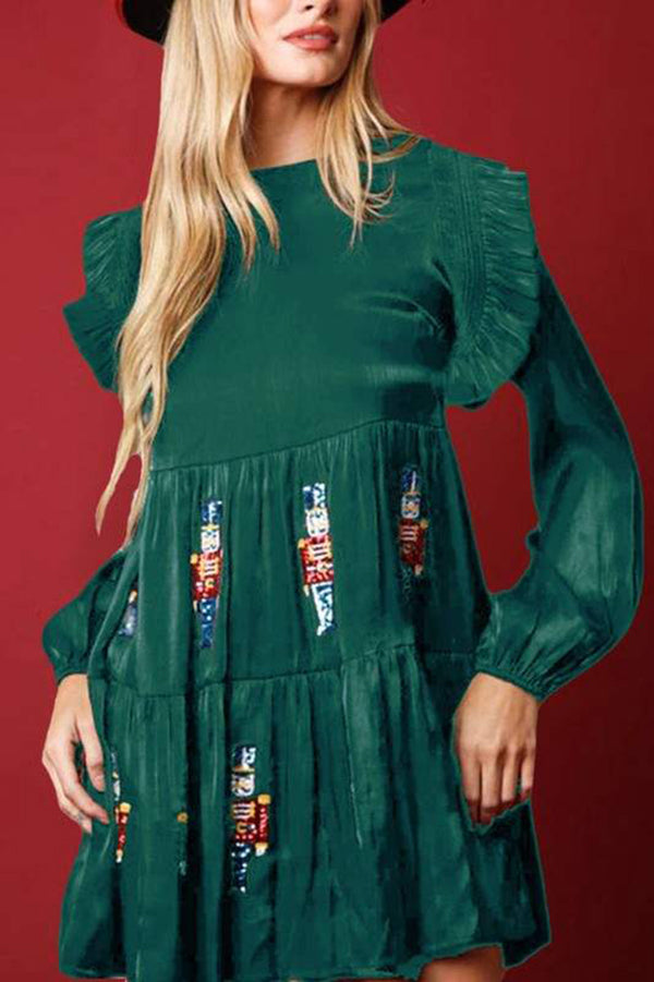 Christmas Toy Solider Satin Sequin Balloon Sleeve Tiered Mini Dress