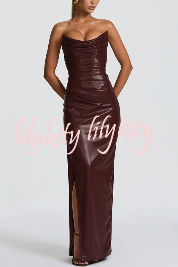 Alba Faux Leather Pleated Off Shoulder Neck Slit Stretch Maxi Dress