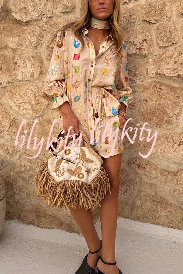 Fashionable Gold Stamping Unique Printing Lapel Long Sleeve Shirt and Elastic Waist Casual Pocket Shorts Set