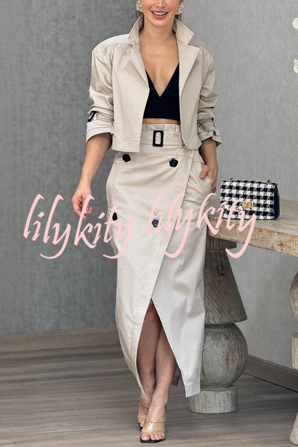 Work Style Lapel Long Sleeve Jacket and Button Belt Pocketed Slit Midi Skirt Set