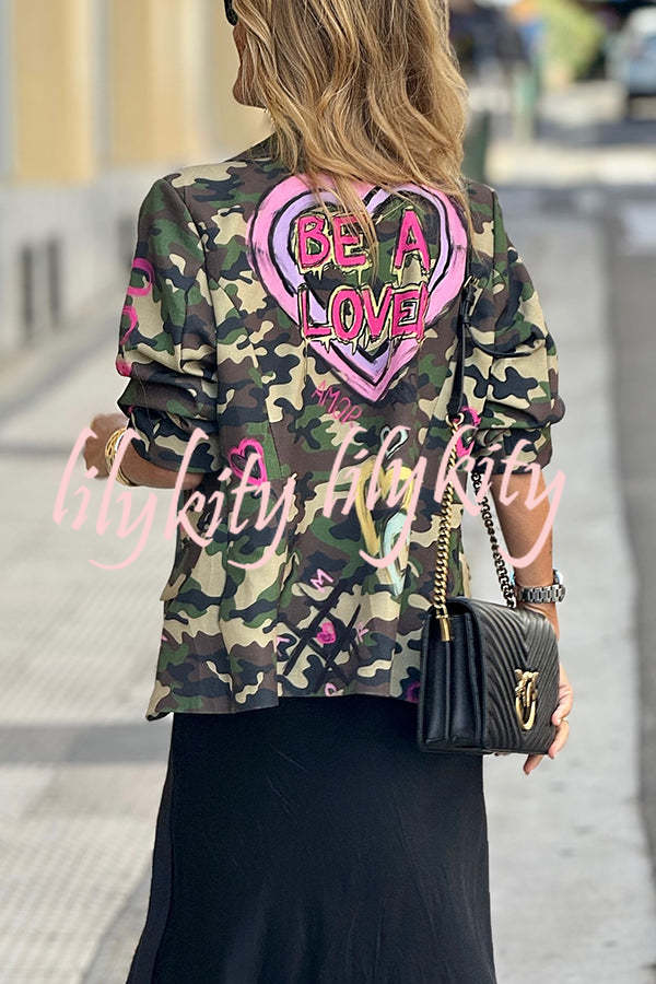 Be A Lover Camouflage Heart Graffiti Detail Lapel Loose Blazer Jacket