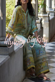 Elonie Satin Floral Print V-neck Half Sleeve Top and Elastic Waist Wide Leg Pants Set