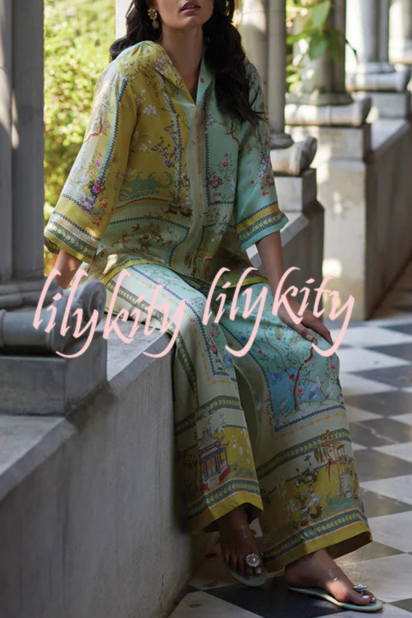 Elonie Satin Floral Print V-neck Half Sleeve Top and Elastic Waist Wide Leg Pants Set
