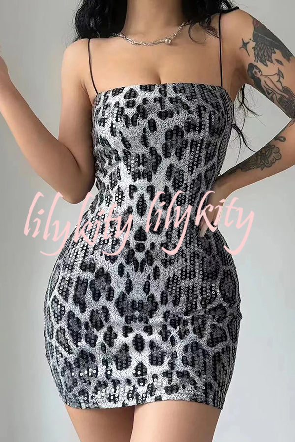 Leopard Print Sequin Sexy Sling Slim Fit Mini Dress