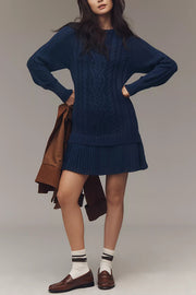 Delphine Knit Cable Textured Long Sleeve Pleated Chiffon Hem Sweater Mini Dress
