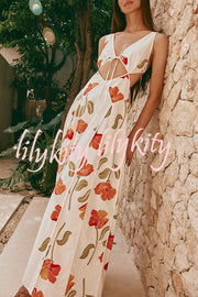 Eliska Linen Blend Poppy Print Cutout Contrast Trim A-line Maxi Dress