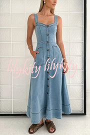 Solid Color Suspender Pocket Button Slim Denim Midi Dress