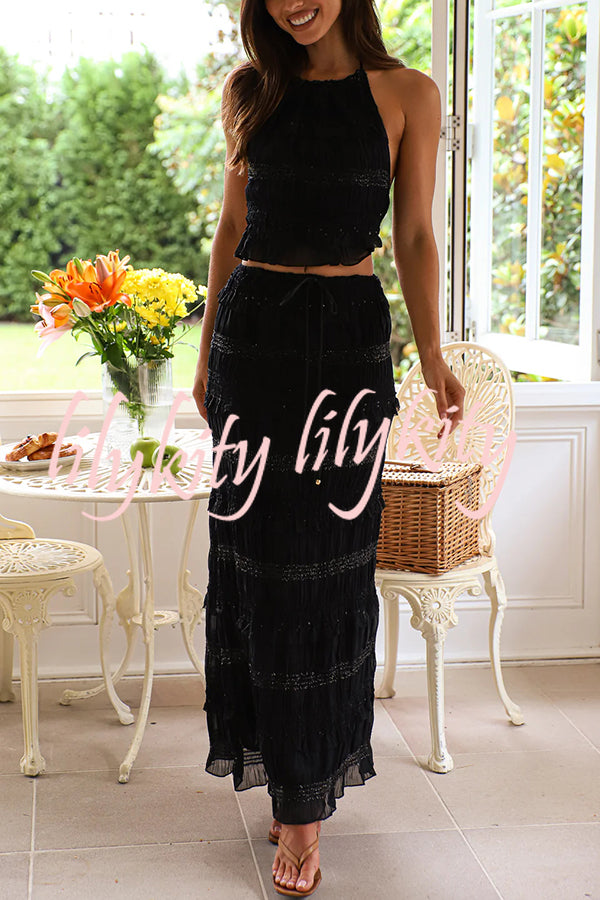 Feel Chic and Romantic Sequin Textured Material Drawstring Waist Tiered Maxi Skirt