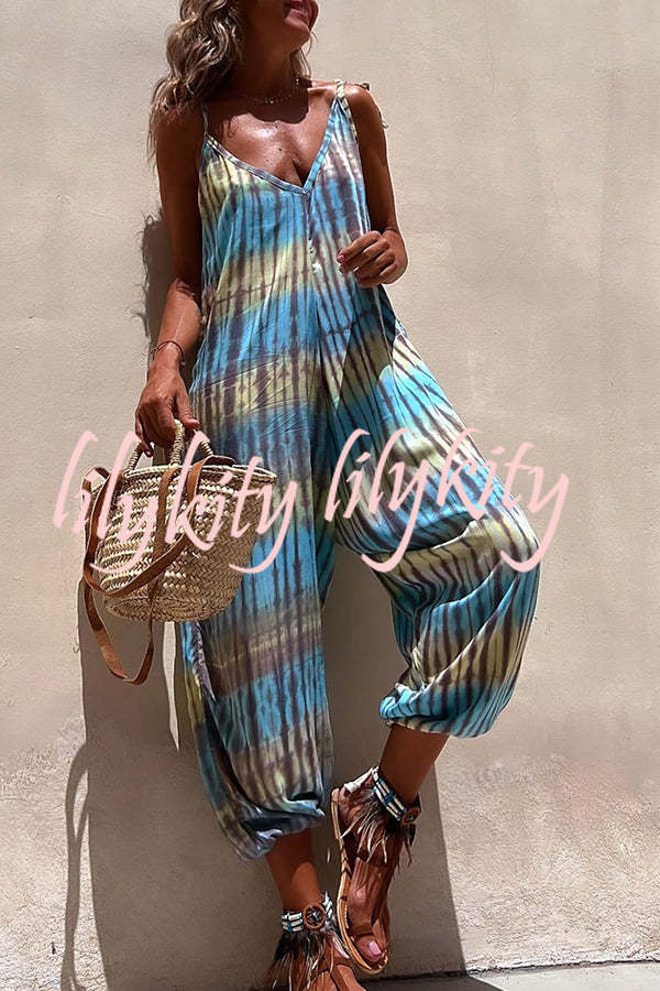 Brighton Beach Tie-dye Print Shoulder Tie Pocketed Loose Jumpsuit