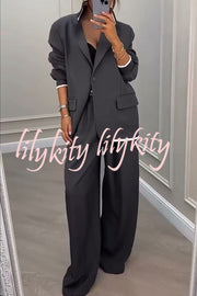 Fashion Sports Style Ribbed Colorblock Lapel Blazer and Elastic Waist Pocket Loose Pants Set