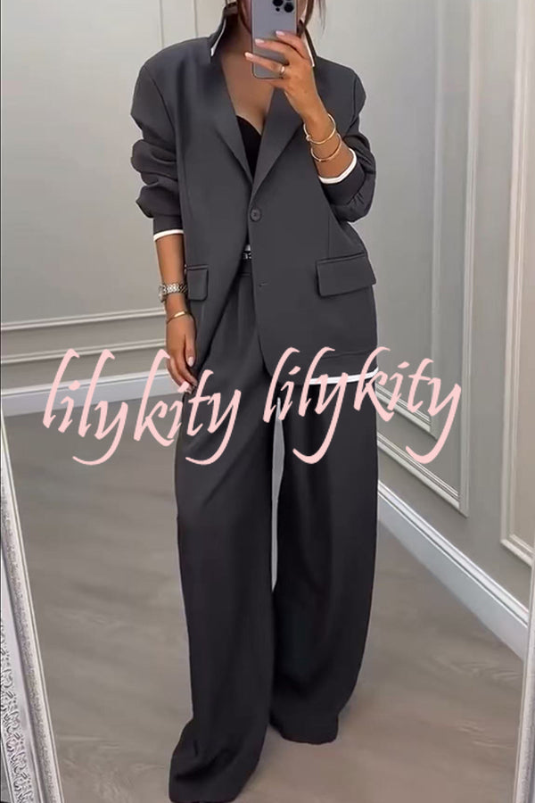 Fashion Sports Style Ribbed Colorblock Lapel Blazer and Elastic Waist Pocket Loose Pants Set