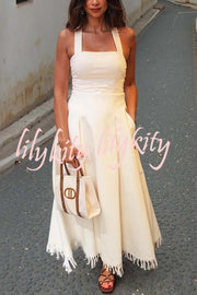 Bohemian Square Neck Pocket Tassel Holiday Maxi Dress