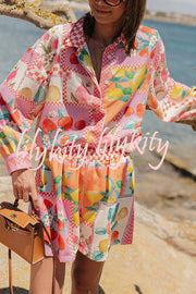 Leisurely Outings Summer Fruit Print Loose Long Sleeve Shirt and Elastic Waist Pocket Shorts Set