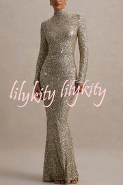 Galaxy Premium Sequin Turtle Neck Long Sleeve Maxi Dress