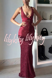 Festival Shines Sequin Beaded Mesh Bow Cutout Detail Slit Maxi Dress