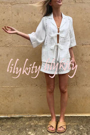 Celebrate Vacation Linen Blend Lace Splicing Tie-up Shirt and Elastic Waist Pocketed Shorts Set