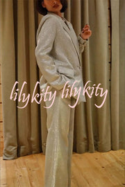 Holiday Queen Glitter Fabric Lapel Boyfriend Blazer and Pocketed Wide Leg Pants Set