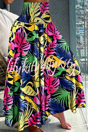 Unique Printed Pleated Elastic Waist Holiday Casual Maxi Skirt