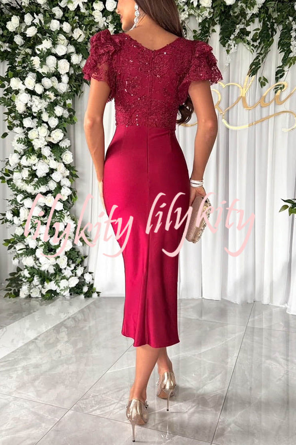 Dreamy Luxury Lace and Satin Patchwork Ruffle Sleeve Ruched Midi Dress