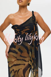 Unique Print Sexy One Shoulder Slim High Slit Maxi Dress