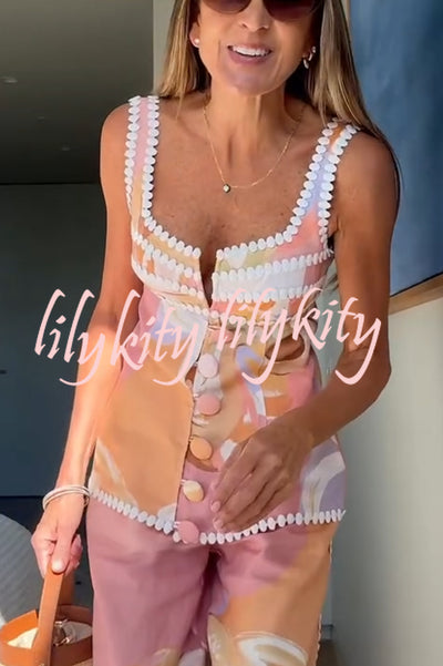 European Summer Linen Blend Ric Rac Trims Unique Print Button Tank
