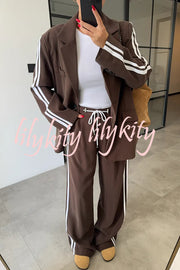 Levvie Striped Trim Long Sleeve Lapel Blazer and Rope Belt Pocketed Wide Leg Pants Set