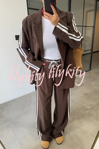 Levvie Striped Trim Long Sleeve Lapel Blazer and Rope Belt Pocketed Wide Leg Pants Set