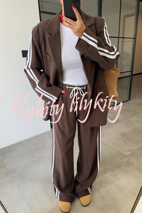 Levvie Striped Trim Long Sleeve Lapel Blazer and Rope Belt Pocketed Wide Leg Pants Set