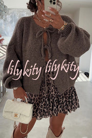 Solid Color Long-sleeved V-neck Lace-up Loose Knitted Sweater