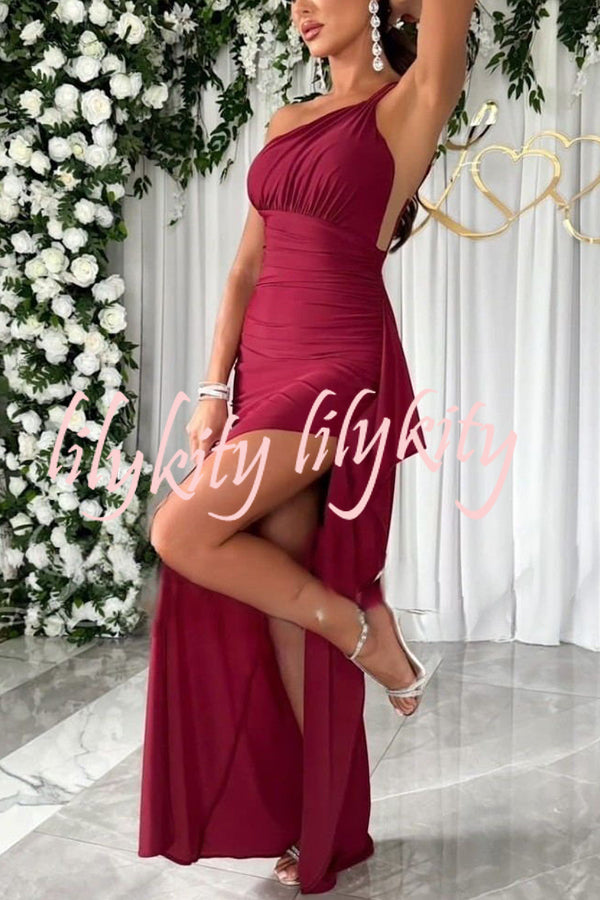 Party Love One Shoulder Ruched Waist Ruffle Slit Maxi Dress