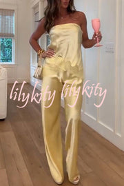 Odessa Satin Floral Lace Hem Strapless Tank and Mid Rise Wide Leg Pants Set