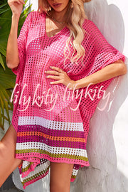 Color Block V Neck Slit Hollow Short Sleeved Knitted Cover Up