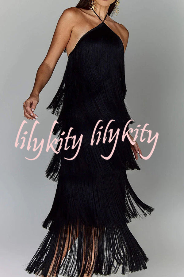 Sexy Halterneck Backless Elegant Fringe Maxi Dress