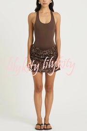 Shine Your Event Ruched Sequin Draped Hem Tank Stretch Mini Dress