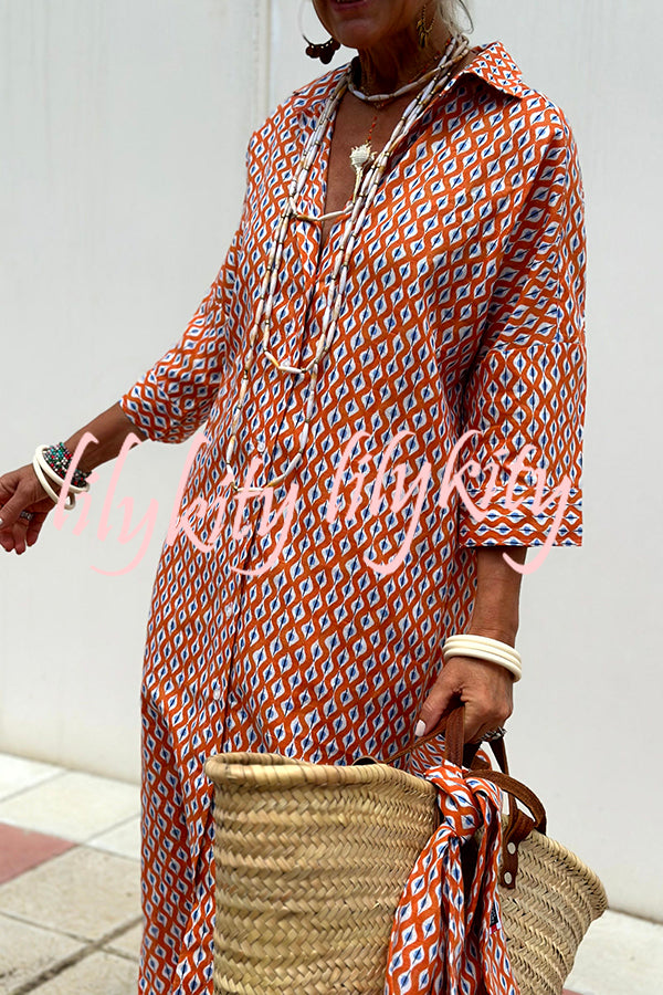 Summer Splendor Printed Button Half Sleeve Belt Loose Shirt Midi Dress