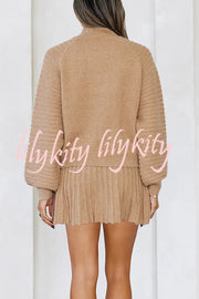 Solid Color Round Neck Puff Sleeve Loose Knit Sweater and Casual Striped Mini Skirt Set