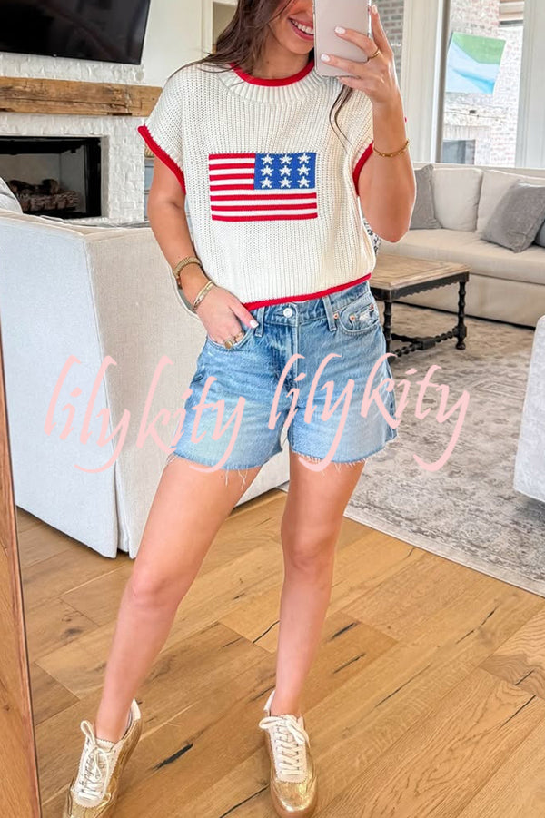 Independence Day Casual Crew Neck Short Sleeve Knit Sweater