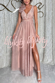 Everlasting Party Sequin Tulle Ruffles Shoulder Design Slit Maxi Dress