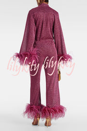 Glitter Fabric Feather Trim Long Sleeve Button Top and Elastic Waist Loose Straight Pants Set