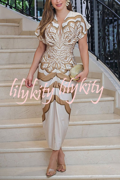 Feona Satin Unique Print V-neck Wide Sleeve Ruched Waist Slit Midi Dress