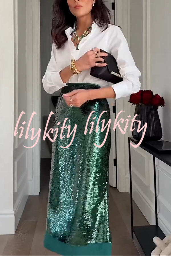 Shimmer Scene Sequin Patchwork Hem High Rise Slit Pencil Midi Skirt