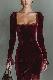 Fashionable Velvet and Lace Patchwork Square Neck Long-sleeved Maxi Dress