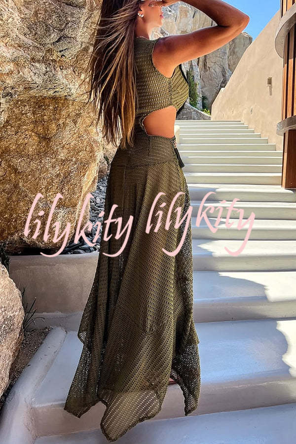 Saralyn Hollow Mesh Tassel Trim Irregular Hem Vacation Maxi Dress